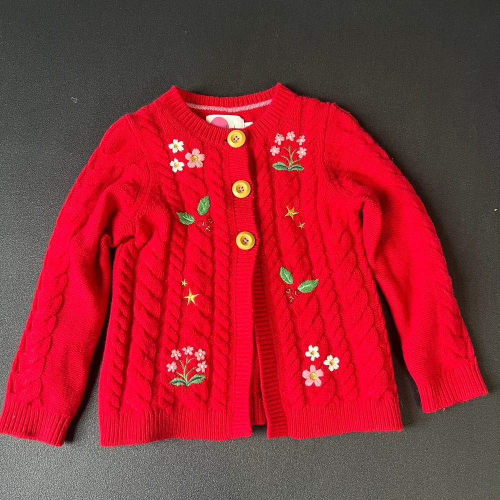 Mini Boden Girls Red Cable Knit Embroidered Floral Cardigan Sweater 4-5 Festive